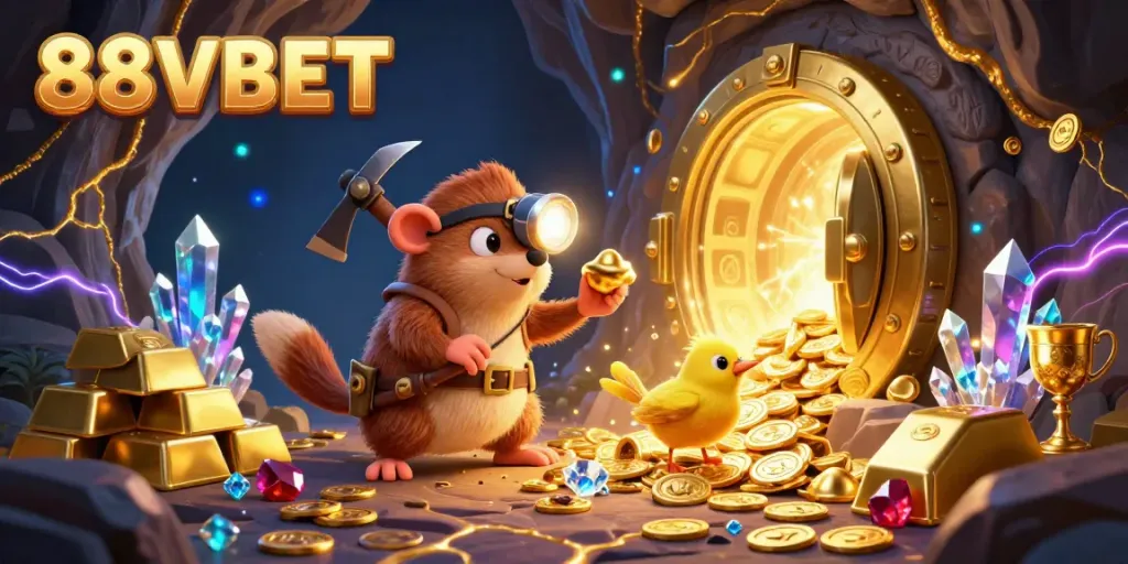 Join the adventure with the treasure hunter mole at 88VBET, surrounded by vibrant gems and gold treasures.