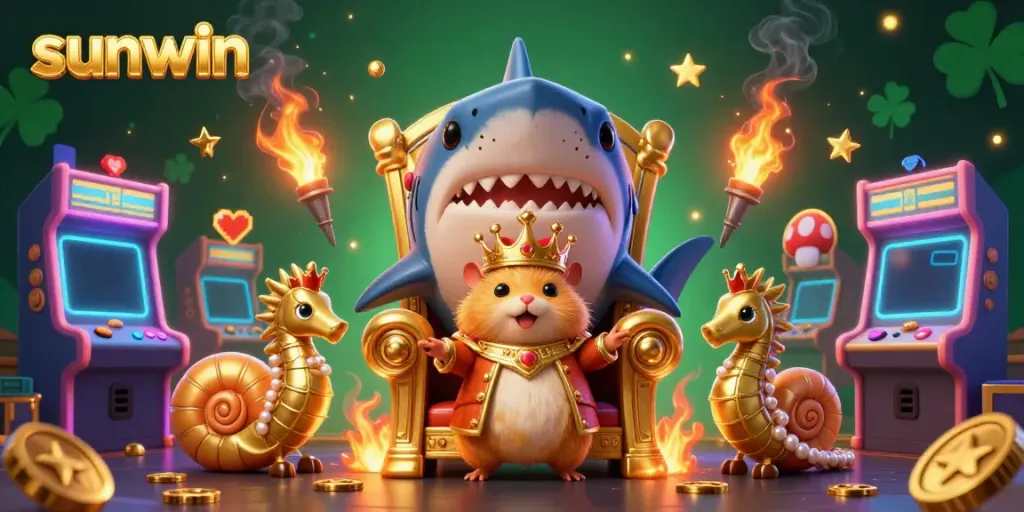 Experience thrilling gameplay at sunwin with a golden hamster king surrounded by arcade elements in a vibrant casino setting.