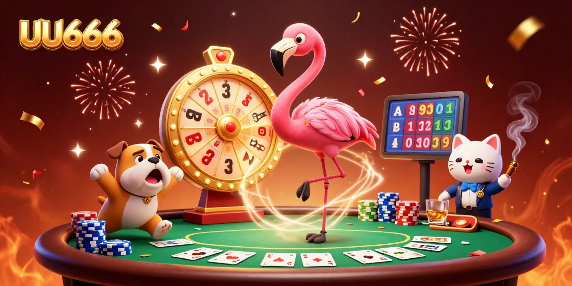 Engaging scene showcasing UU666 with flamingo host, bulldog contestant, and cat assistant in casino atmosphere.
