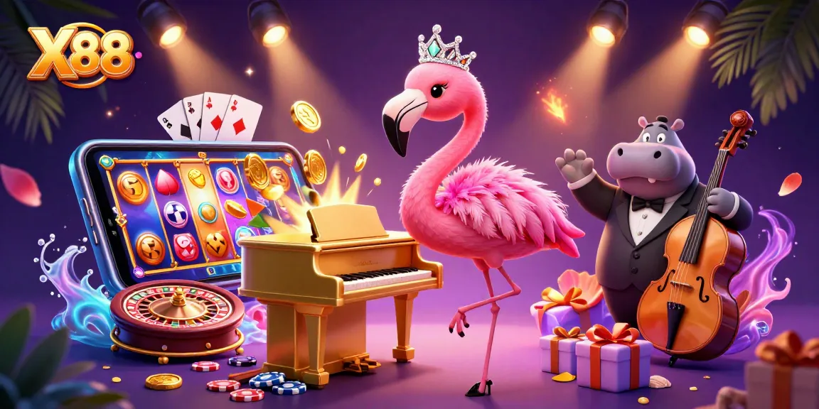 X88 players enjoying vibrant casino atmosphere with singing flamingo and hippo bassist