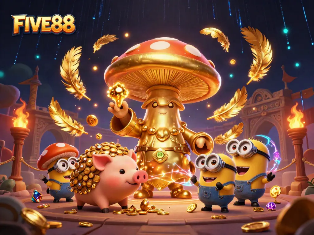 Engage with exciting FIVE88 online casino thrills through a vibrant 3D illustration featuring a magical golden mushroom wizard.
