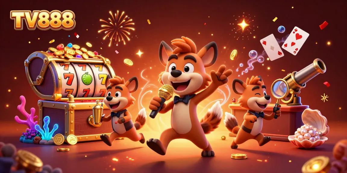 Engage in casino fun with TV888's vibrant hyena characters celebrating wins.
