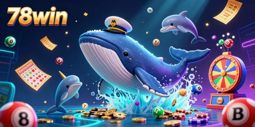 Experience the thrill of 78win with a vibrant illustration featuring a whale, narwhal, and dolphins among coins and lottery elements.