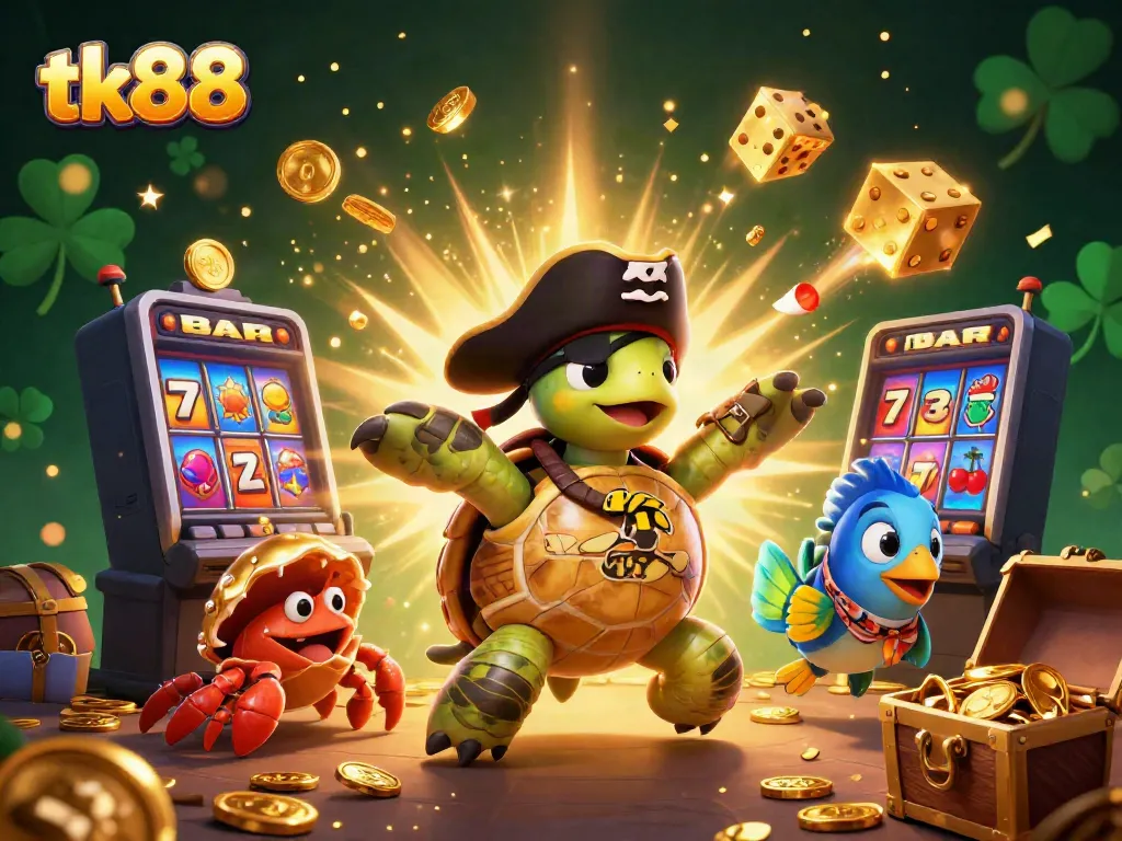 Engage in thrilling tk88 gameplay with a vibrant 3D scene featuring a pirate turtle and live casino elements.