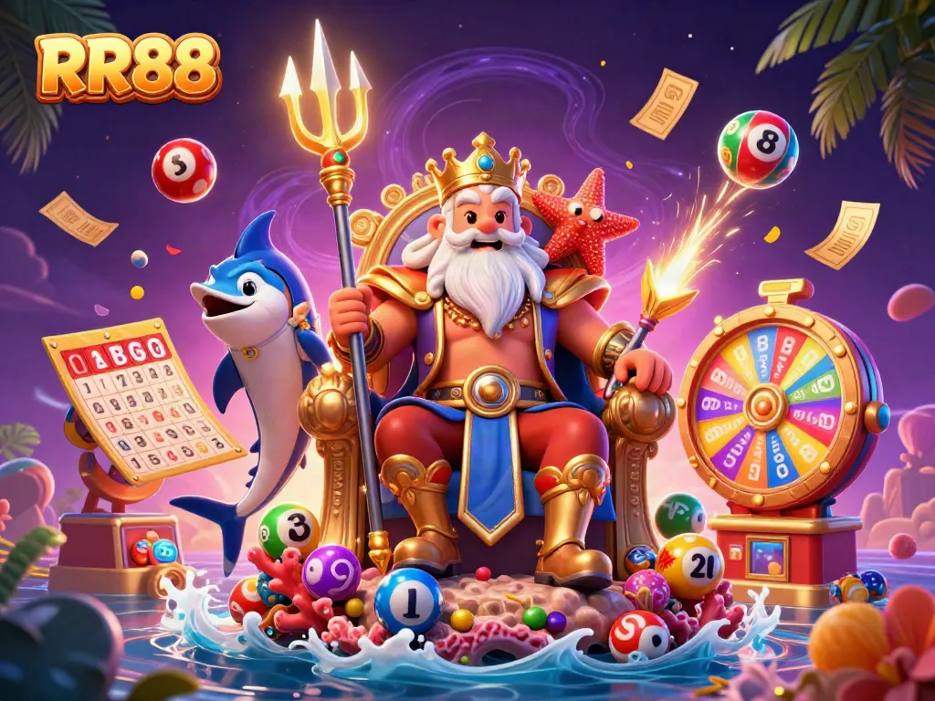 Experience Thrilling Wins with RR88's interactive sea fantasy casino scene, bursting with vibrant game elements.