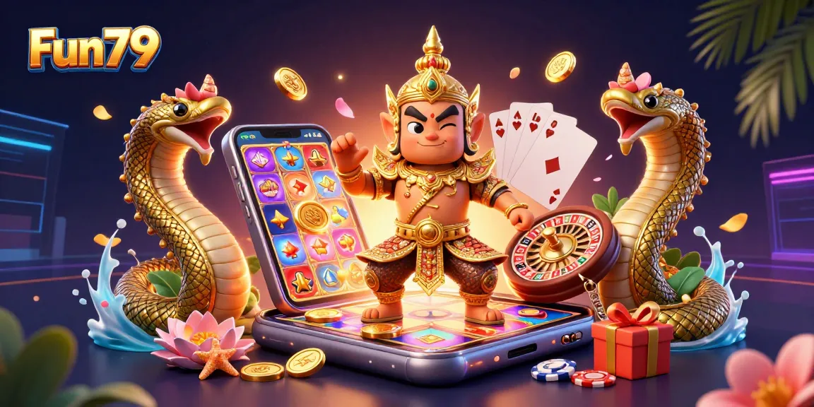 Experience epic wins at Fun79 with vibrant casino elements and engaging characters in this dynamic scene.