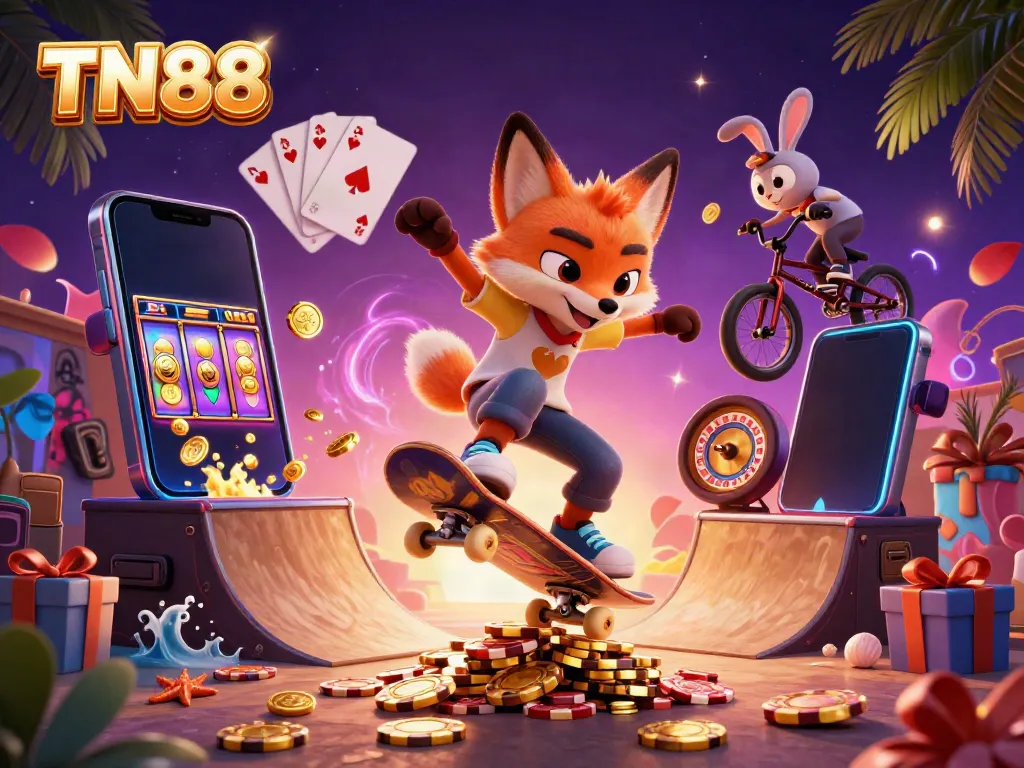 The TN88 scene features a skateboarder fox and BMX rabbit amid casino elements, exuding dynamic energy.