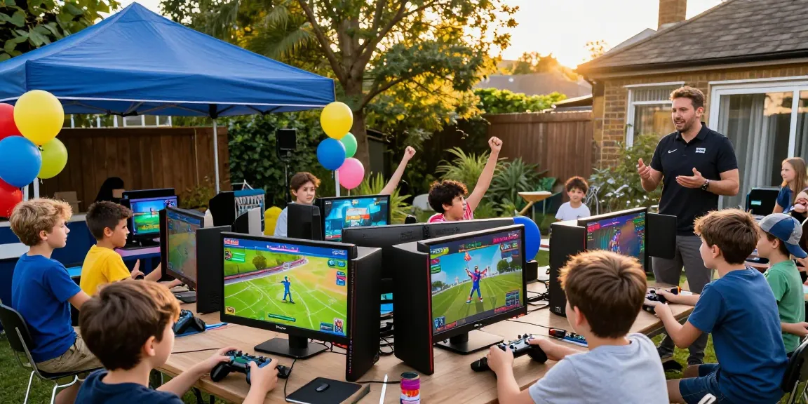 Gaming party London scene with kids celebrating victories outdoors
