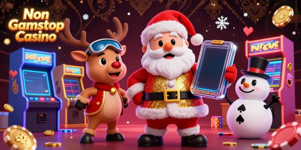 Experience the excitement of Non Gamstop Casino with Santa, his reindeer, and a poker chip snowman in a vibrant gaming scene.