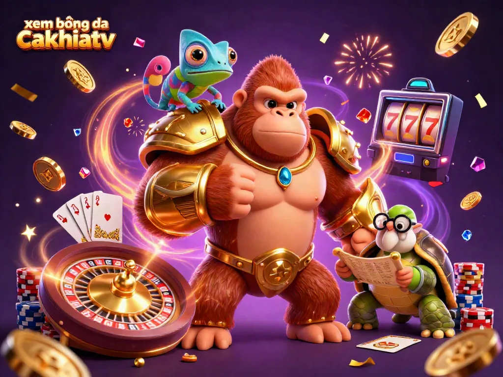 Xem bóng đá cakhiatv presents a dynamic 3D scene featuring colorful casino elements and lively characters.