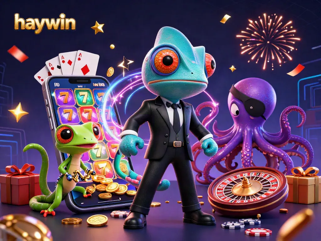 Experience thrilling gameplay with haywin’s vibrant 3D casino illustration featuring a dynamic chameleon and gadgets.