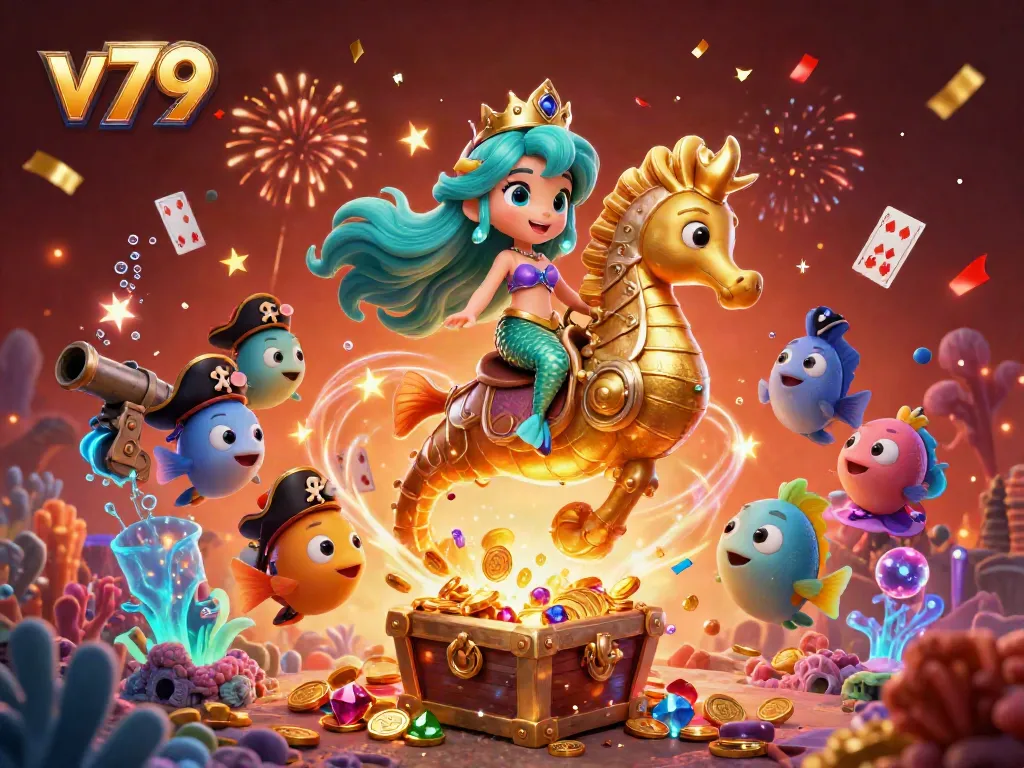 Engage with thrilling gameplay at v79, featuring a mermaid princess, golden seahorse, and vibrant casino elements.
