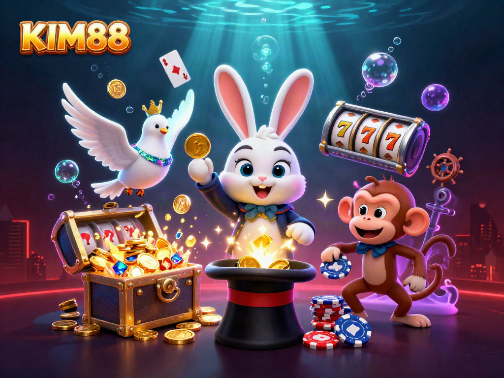 KIM88 engaging in thrilling gaming excitement with vibrant characters and casino elements.
