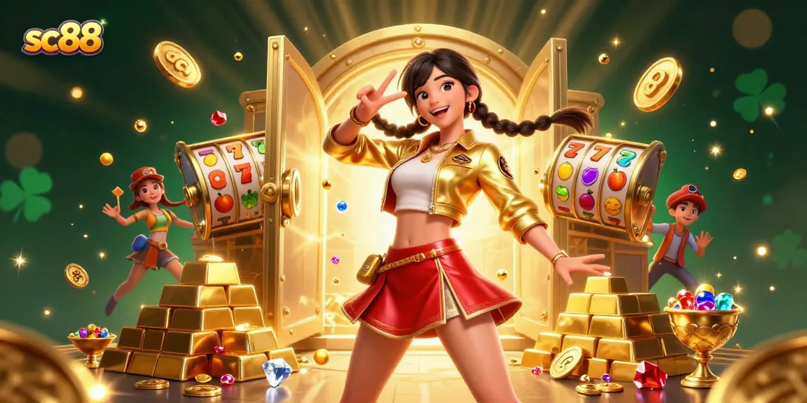 Spin to win big with SC88 in this vibrant online casino illustration featuring exciting slot reels.