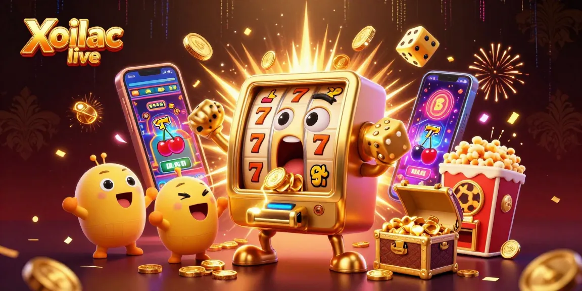 Xoilac live showcases an animated golden slot machine celebrating a jackpot amid a vibrant casino scene.