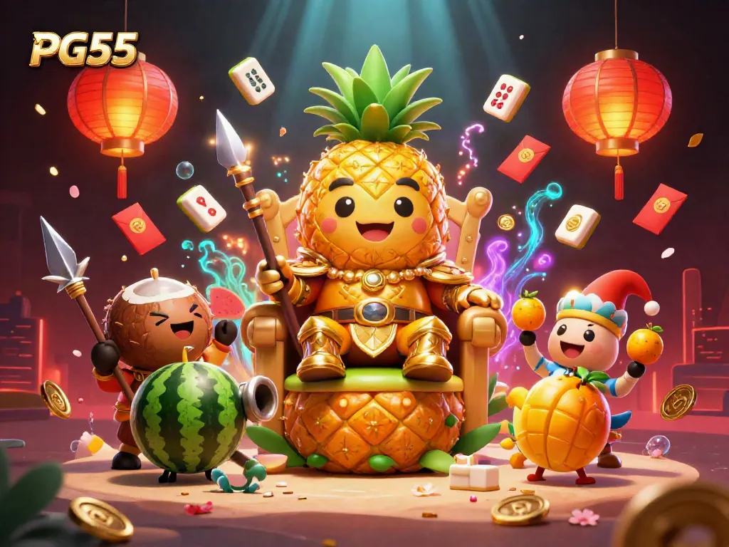 Experience PG55 with a vibrant 3D casino scene featuring tropical characters, mahjong tiles, and festive elements.