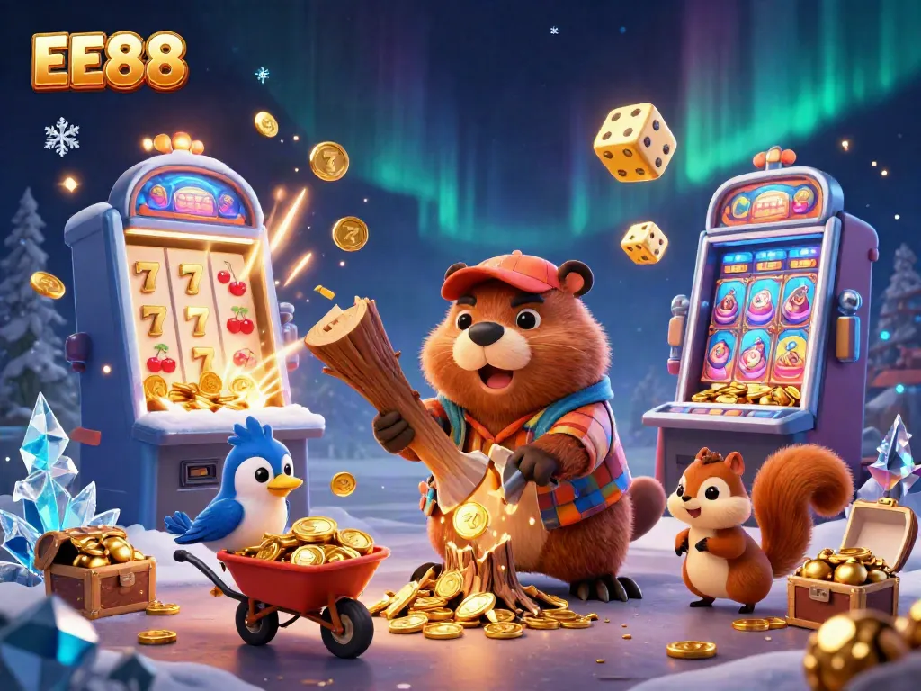 Experience the excitement of EE88 with cartoon characters winning coins in a vibrant casino setting.