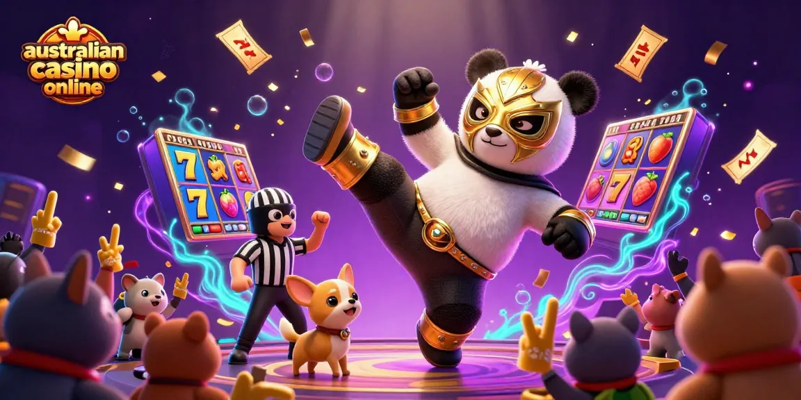 Experience excitement at australian casino online with a vibrant scene of a luchador panda and lively casino elements.