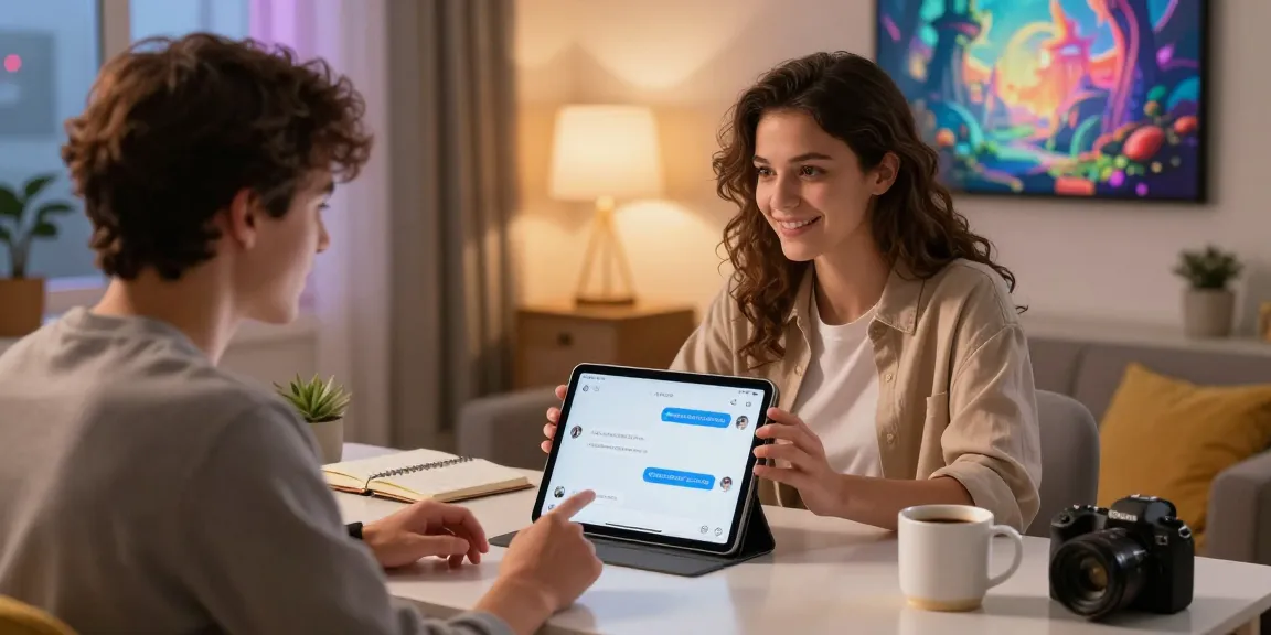Interactive ai sex chat scene with a user engaging with a virtual companion on a tablet in a cozy setting.