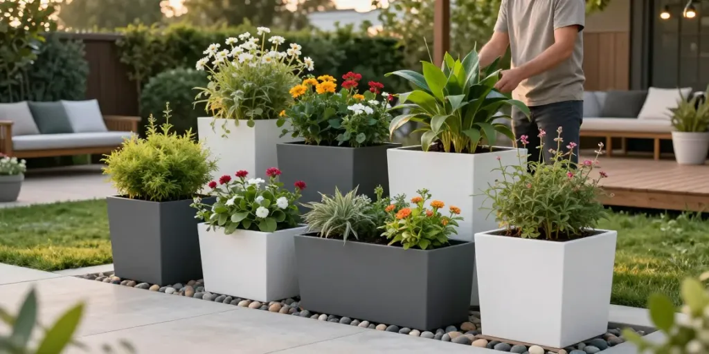 IDEALIST extra large planters in a vibrant garden setting, showcasing lush greenery and inviting outdoor decor.