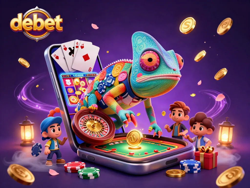 Experience debet's vibrant casino world with a whimsical chameleon character and exciting gaming elements.