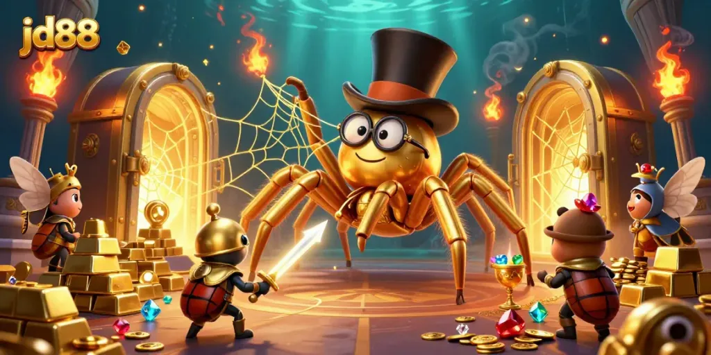 The brave beetle knight approaches the giant golden tarantula at jd88's dynamic casino scene.