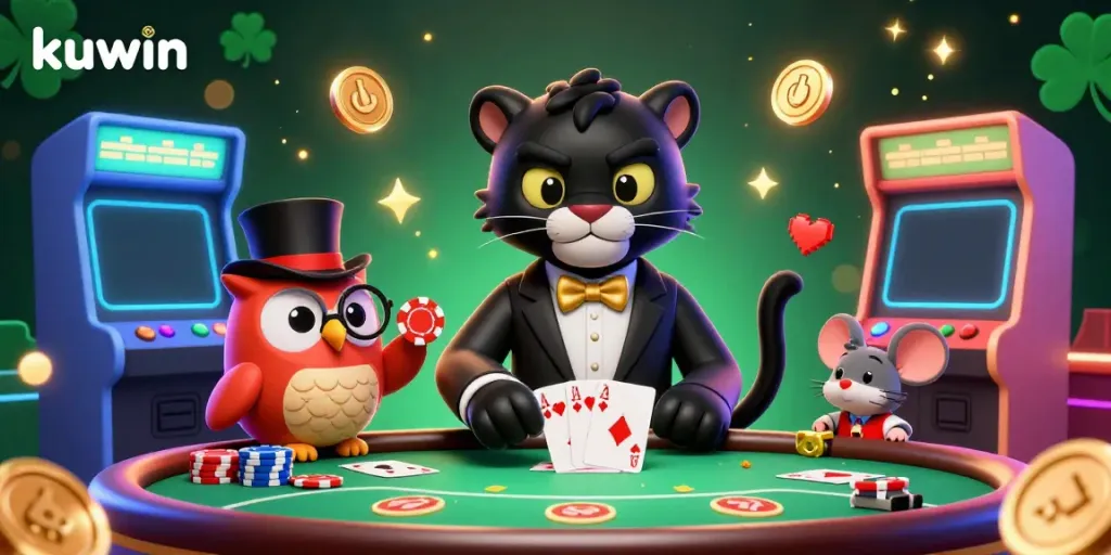 Engaging Kuwin casino scene with a panther dealing cards, an owl with poker chips, and a lucky mouse peeking from chip stack.