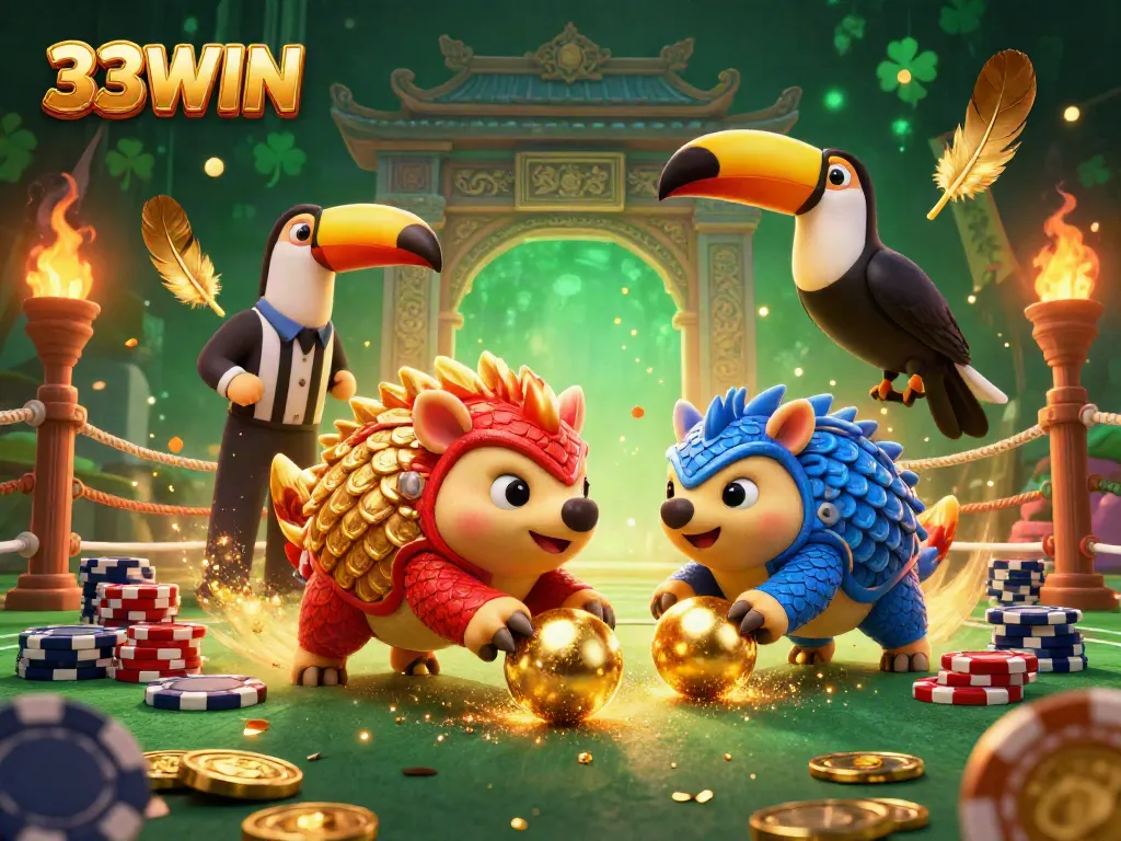 Engaging scene showcasing rival pangolins at 33WIN bowling through poker chips with dynamic casino elements.
