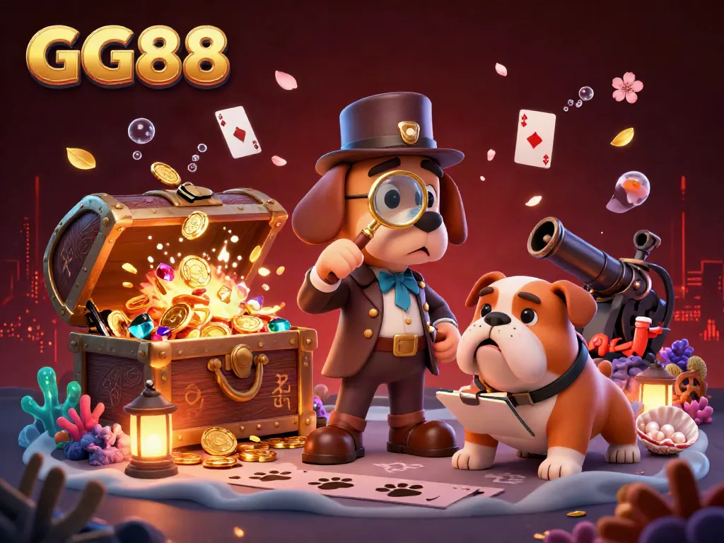 Engage with GG88 in a lively underwater casino scene featuring a detective and dog uncovering treasure.