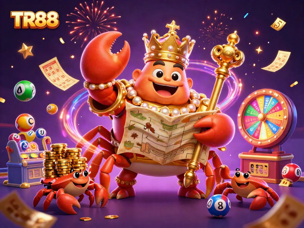 Engage in TR88 casino excitement with vibrant lottery elements amidst a golden crab emperor scene.