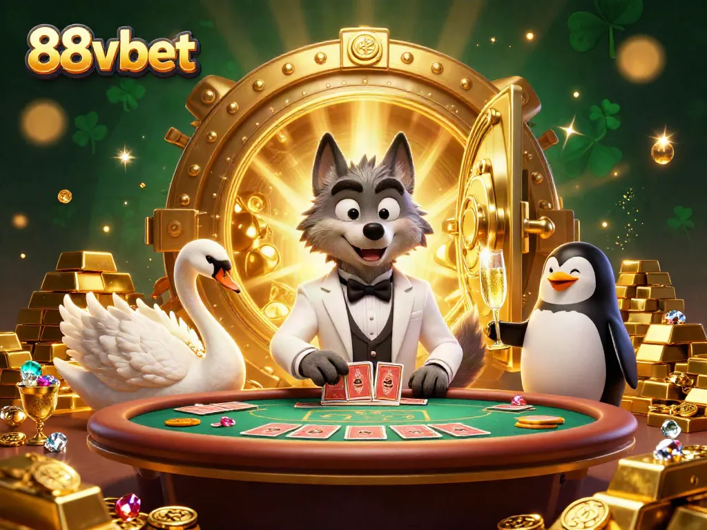 Engage with 88vbet at a lively baccarat table featuring a debonair wolf, elegant swan, and penguin sommelier.