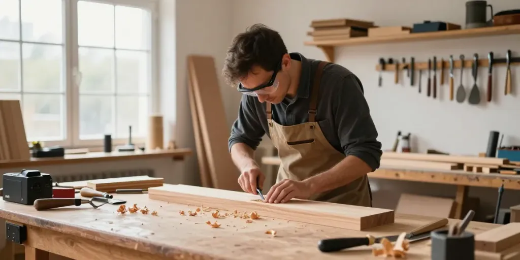 Craftsman using a festool knife for precise woodworking in a bright workshop.