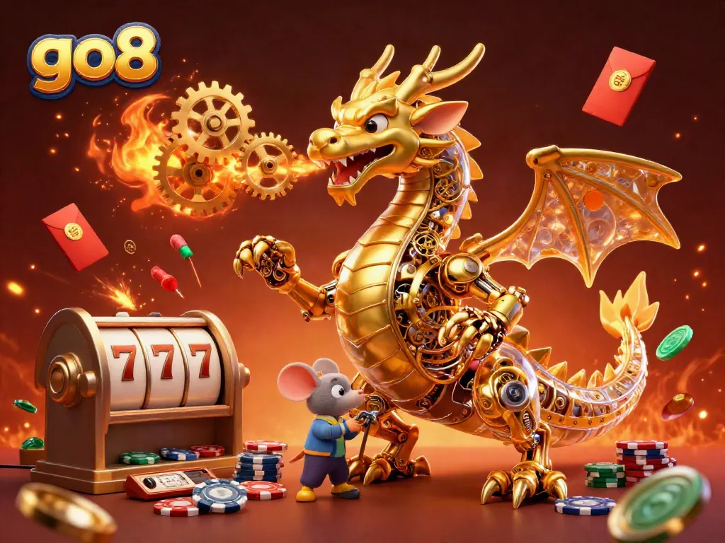 Engage with exciting gaming moments on GO8, featuring a dragon and mesmerizing slot reels.