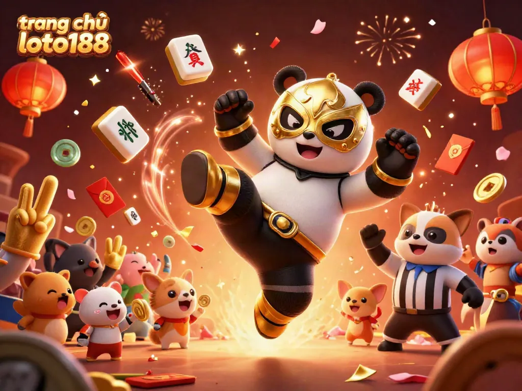Experience the lively scene at trang chủ loto188 with a panda doing a flying kick amidst festive elements and animal fans.