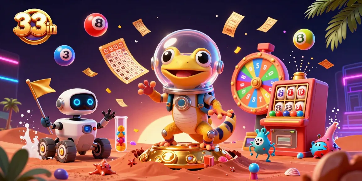 Engage with 33win's vibrant scene showcasing a Martian gecko and lucky games in a thrilling casino.