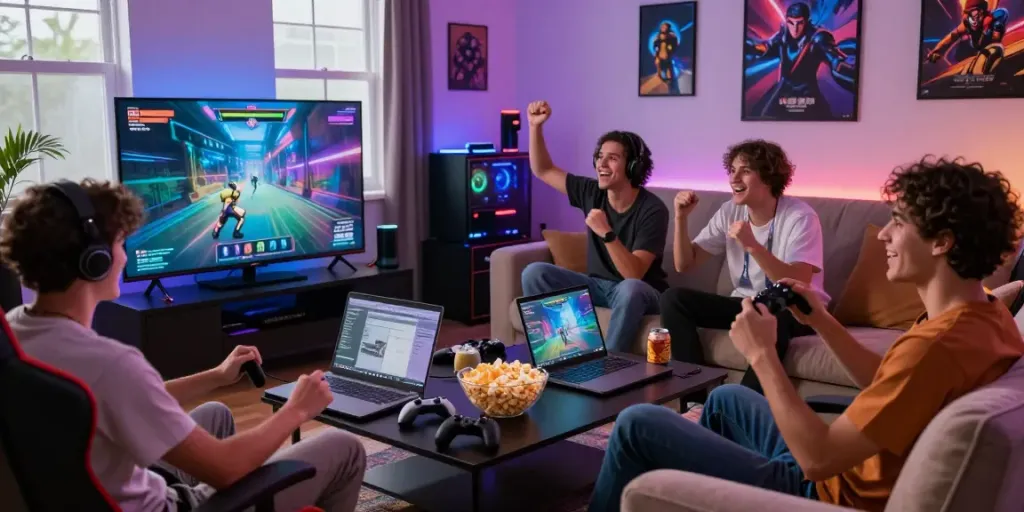 Exciting gaming scene with friends enjoying GO88 game in modern lounge.