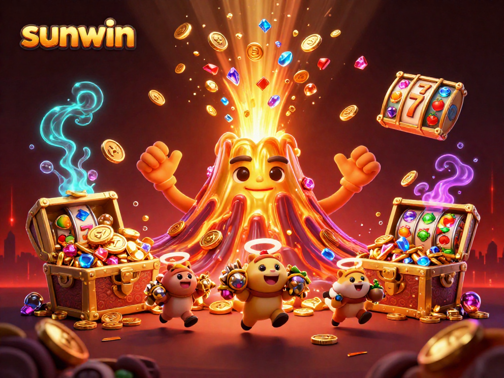 Win big at sunwin with a vibrant casino scene featuring a golden volcano erupting treasures.