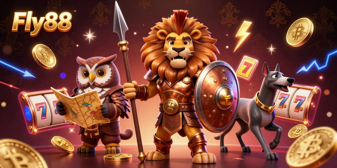 Engage in high-stakes gaming at Fly88, featuring a lion warrior and vibrant casino elements.