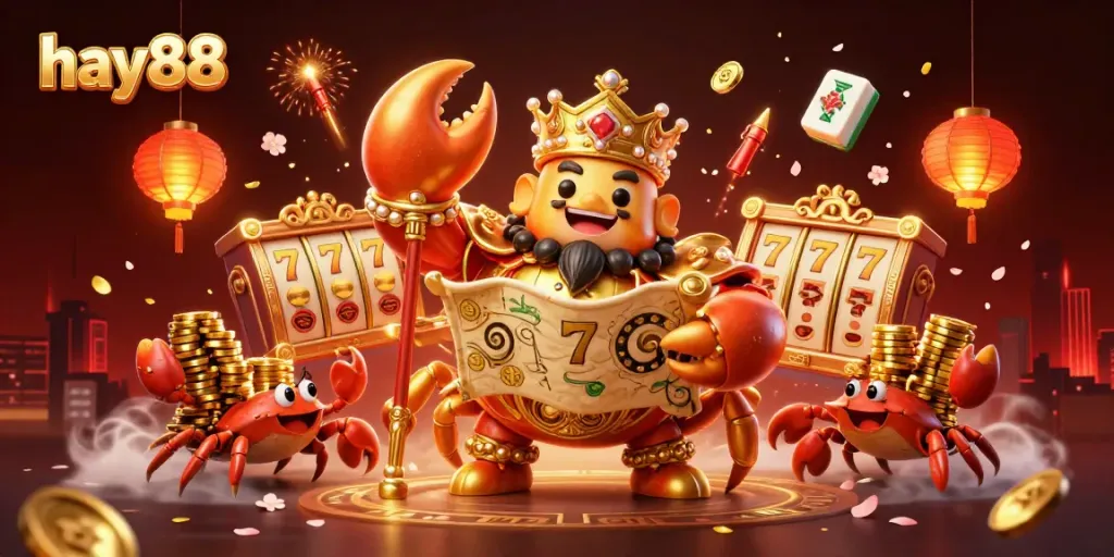 Experience top-tier gaming at hay88 with a dynamic scene of a golden crab emperor amidst slot reels and festive lanterns.