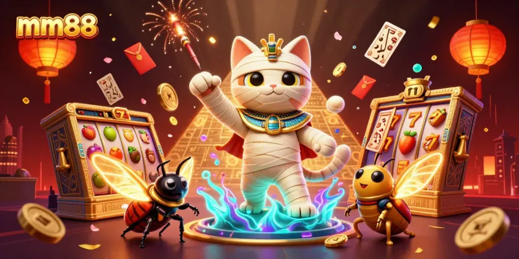Engage in thrilling slots with mm88 featuring a dynamic scene of a mummy cat and a scarab beetle amidst casino elements.