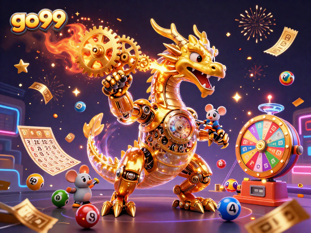 Experience the excitement of go99 with vibrant lottery elements and a golden dragon in action.