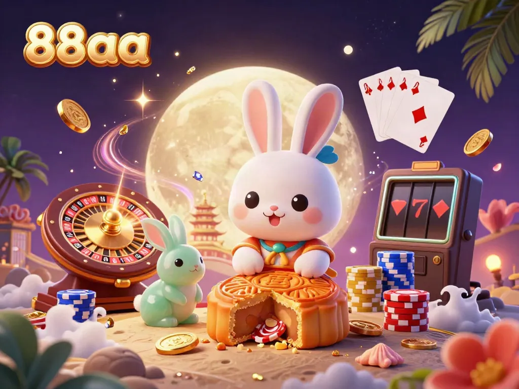 Engage with thrilling gaming action at 88aa with vibrant 3D illustrations of moon rabbits and casino elements.