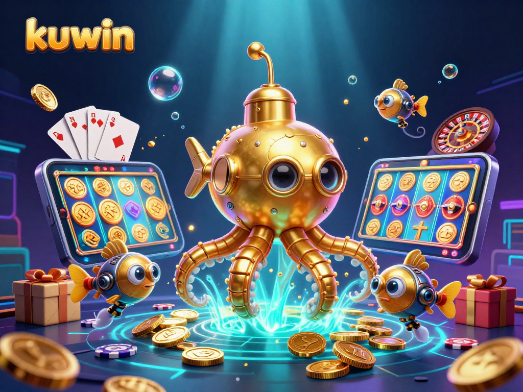 Kuwin immersive casino scene featuring a golden kraken submarine with vibrant slot games and golden coins exploding.