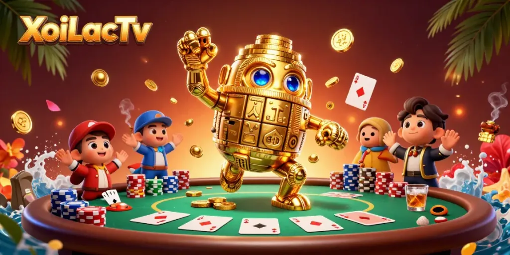 XoiLacTv showcases fiery casino excitement with golden golem and rich poker elements.