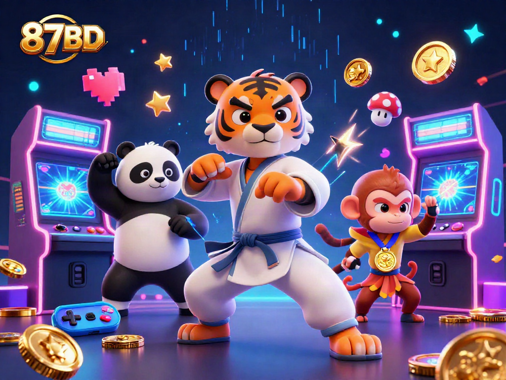 Engaging illustration of 87BD showcasing kung fu tiger and panda disciples surrounded by vibrant casino elements.