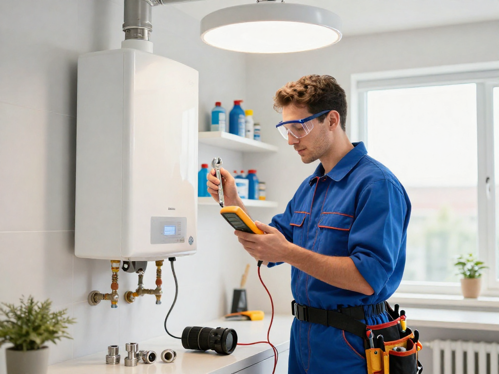Expert water heater repair Fort Worth with plumber inspecting modern unit in a clean, well-lit utility room.