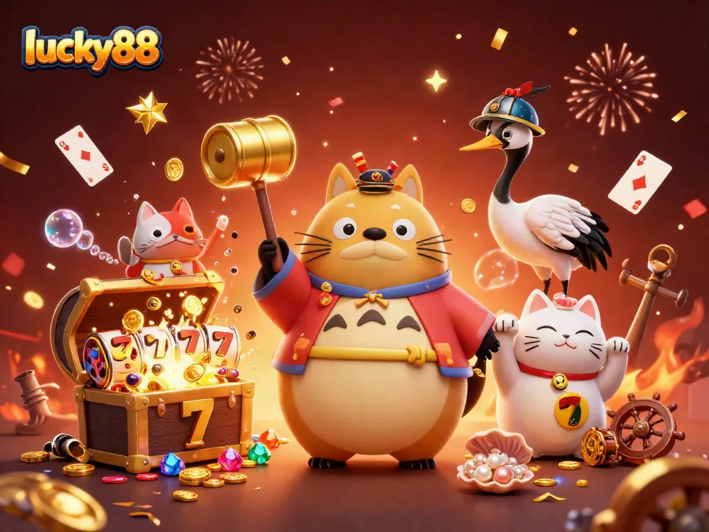 Experience the excitement of lucky88 with this vibrant 3D casino illustration filled with joy, games, and golden treasures.