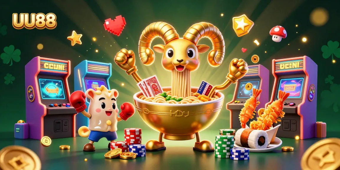 UU88 showcases a vibrant 3D cartoon illustration of a golden ramen bowl character in a casino setting.