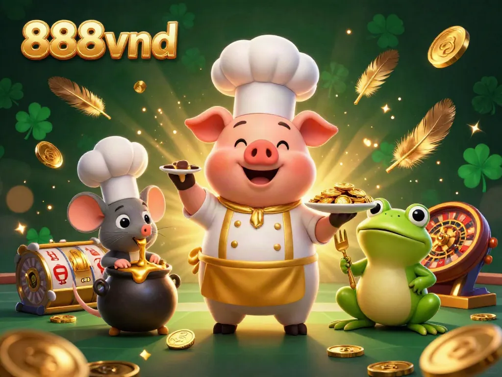 Experience the excitement of 888vnd with cartoon characters serving gold coins in a bustling casino.