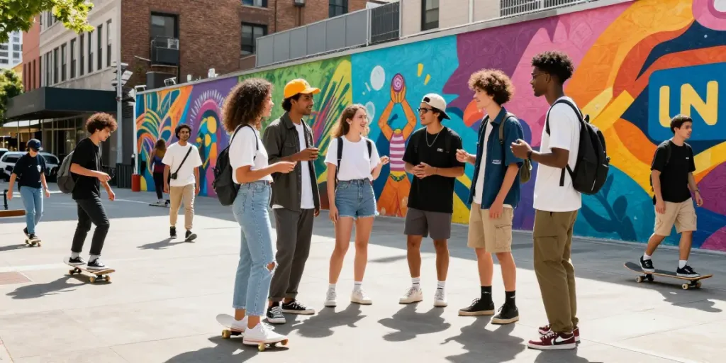 A lively urban scene showcasing positivity with young individuals discussing in front of a vibrant mural, embodying the spirit of rokok88.
